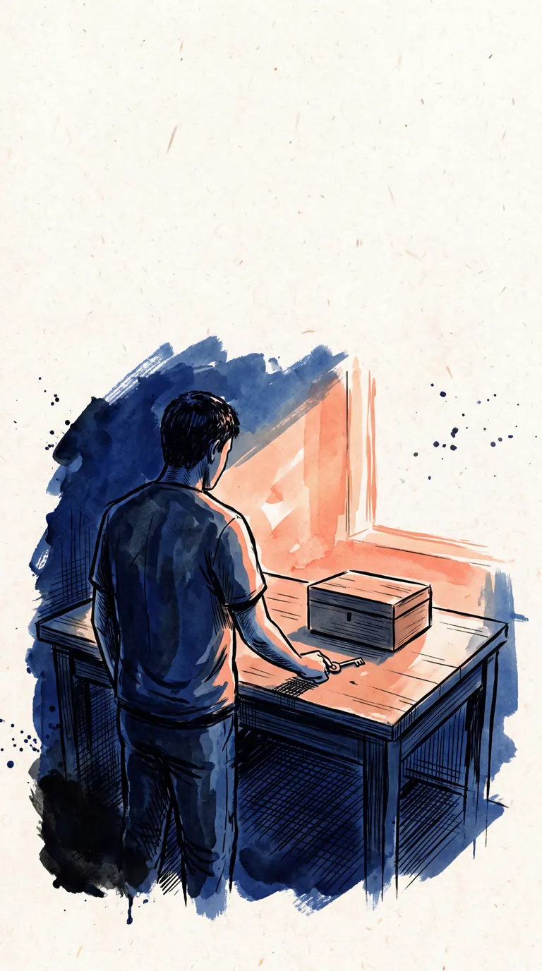 Someone at a desk, locking a small box
